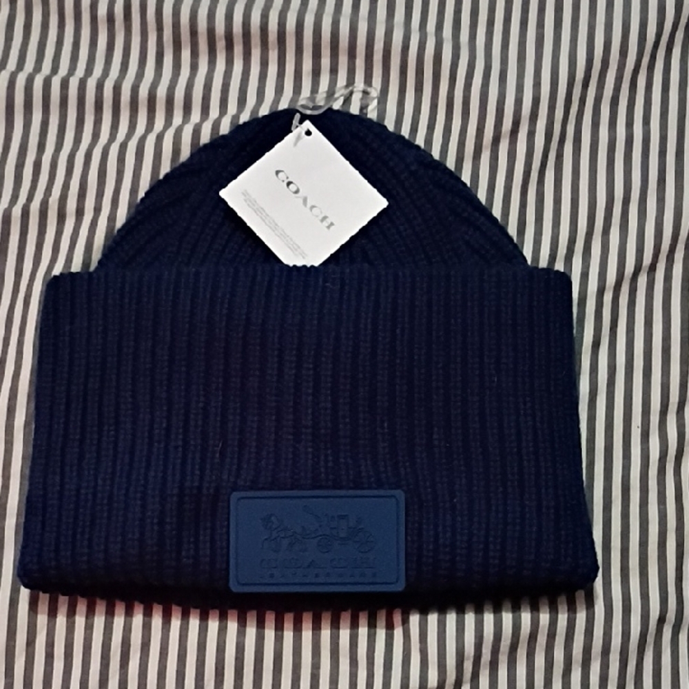 Coach Navy Ribbed Cuffed Beanie
